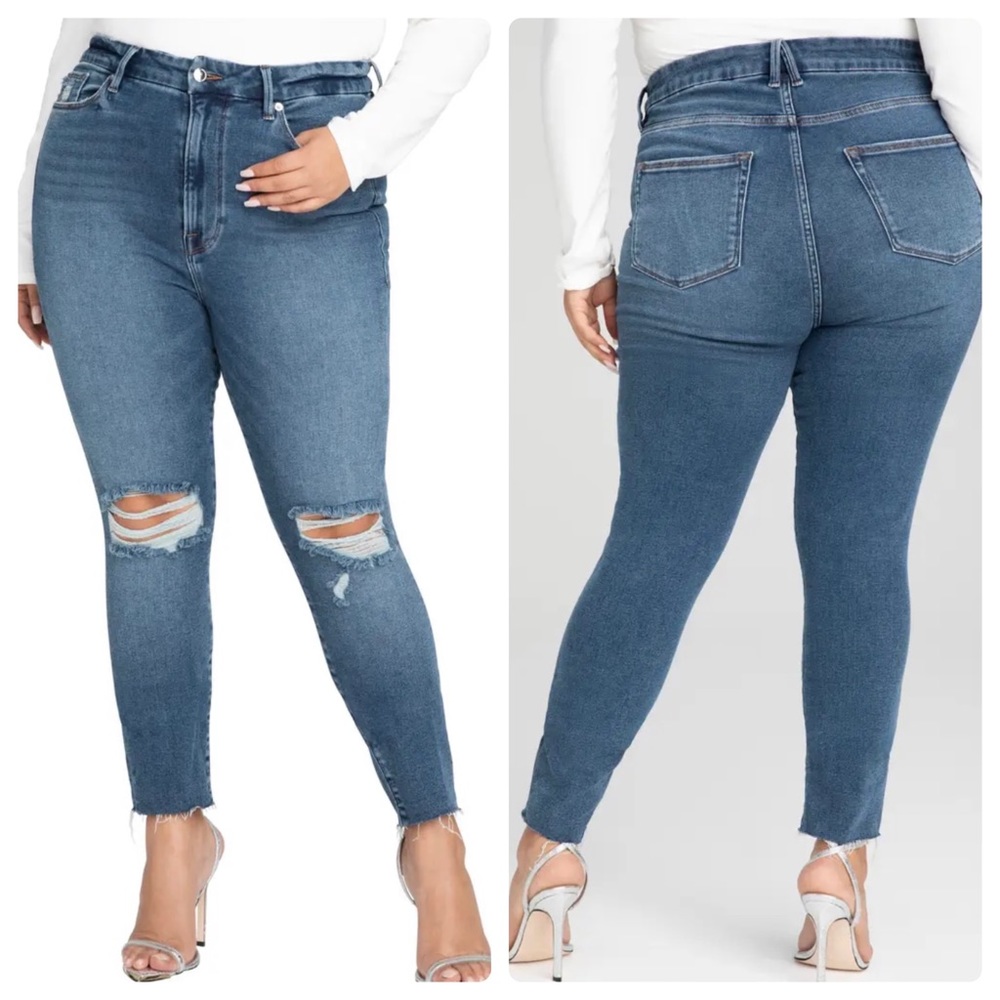 Good American Plus Size 22 Good Waist Crop Raw Hem Blue Destructed Jeans NWT.